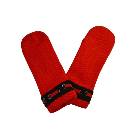 80s Red & Black 100% Acrylic Knit Silver Grommets Women's Mittens Made in Japan - Picture 7 of 7